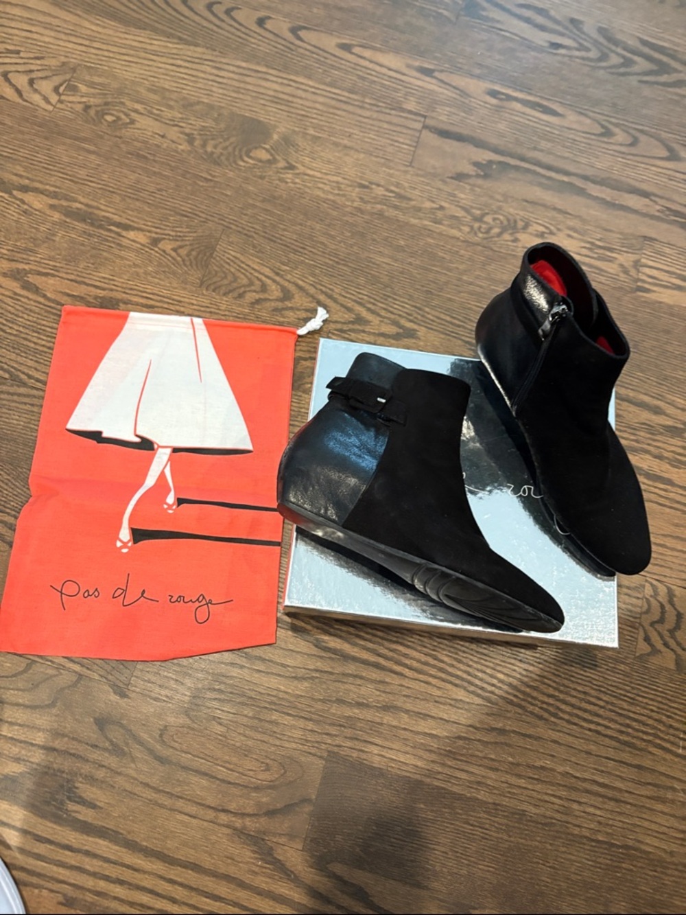 Pas de Rouge Black Suede & Leather Ankle Boots with Red Lining